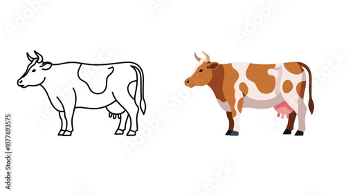 Comparison of a black and white outline drawing of a dairy cow next to a fully colored illustration featuring brown and white spotted farm animal