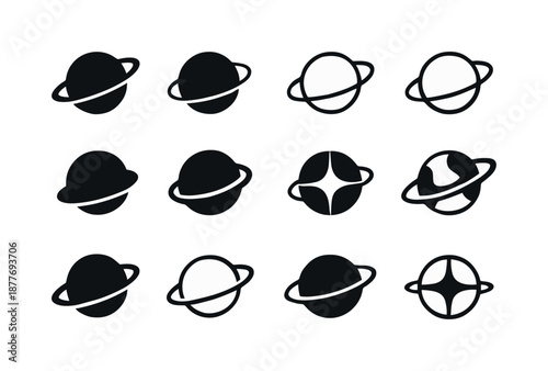 Celestial Icon Collection. Celestial bodies. Icon set. Set Logo of celestial bodies: planet with ring. harmonious logo variations of the same emblematic