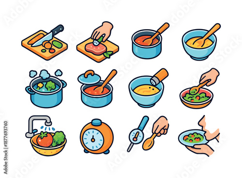 Colorful Kitchen Icons. Meal preparation. Colorful isometric vector icons set of meal preparation: chopping vegetables, seasoning meat, stirring sauce, boiling