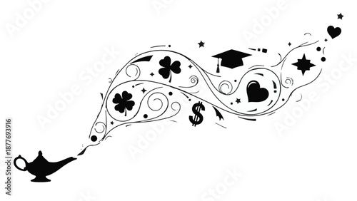 Magic lamp releasing a stream of wishes and symbols of good fortune and success.