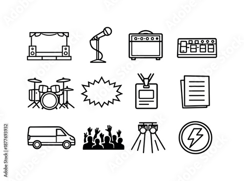Minimal Indie Band Icons. Indie band vibes. Line icon set of Indie band vibes: small stage, mic stand, guitar amp, pedalboard, drum kit outline, band logo