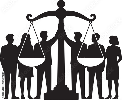 Silhouette of Professional Legal Team and Lawyers with Scales of Justice