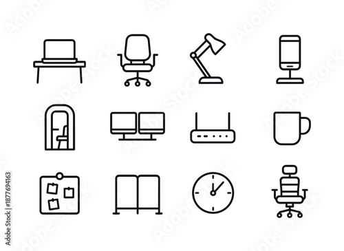 Remote Workspace Icons. Remote workspaces. Line icon set of Remote workspaces: laptop on desk, coworking chair, desk lamp, quiet booth, phone stand, dual