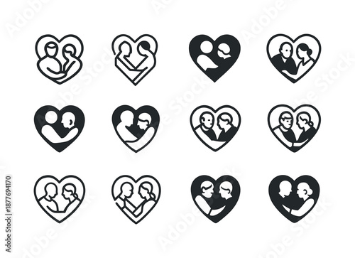 Elderly Care Icons. Elderly care and support. Icon set. Set Logo of elderly care and support: elder with caregiver heart. harmonious logo variations of the