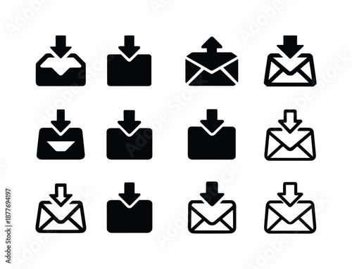 Inbox Architecture Icons. Inbox architecture. Icon set. Set Logo of Inbox architecture: Routing arrows inbox flow: Negative space, Flat solid, Abstract