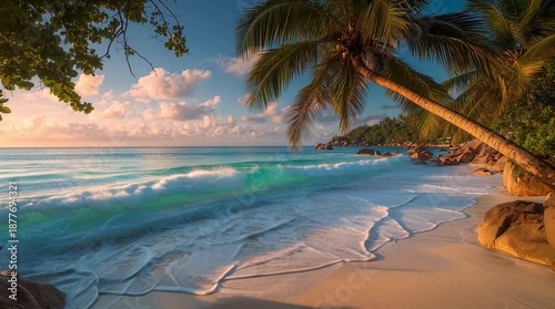 A man working at a standing desk is captured in a serene beach scene with a palm tree in the background.