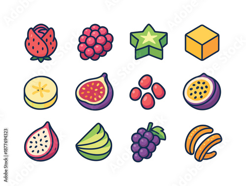 Colorful Isometric Fruits. Dessert fruit accents. Colorful isometric vector icons set of dessert fruit accents: strawberry rose, raspberry cluster, kiwi star,
