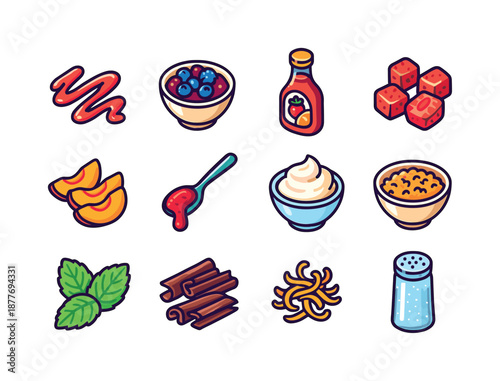Isometric Jam Toppings. jam toppings. Colorful isometric vector icons set of jam toppings: jam drizzle, berry compote, fruit syrup bottle, diced strawberries,