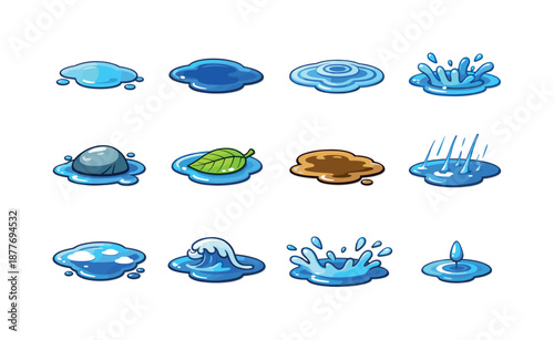 Colorful Rain Puddle Icons. Rain puddles. Colorful isometric vector icons set of rain puddles: shallow puddle, deep puddle, ripple circles, splash droplets,