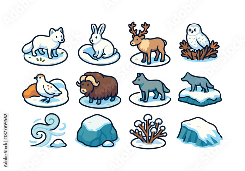 Tundra Wildlife Icons. Snowy tundra wildlife. Colorful isometric vector icons set of snowy tundra wildlife: arctic fox on tundra, snow hare in dip, caribou on