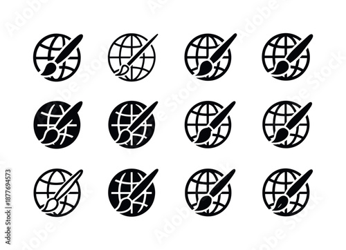 Cultural Icons Harmony. Art and culture blending. Icon set. Set Logo of art and culture blending: united global art globe. harmonious logo variations of the