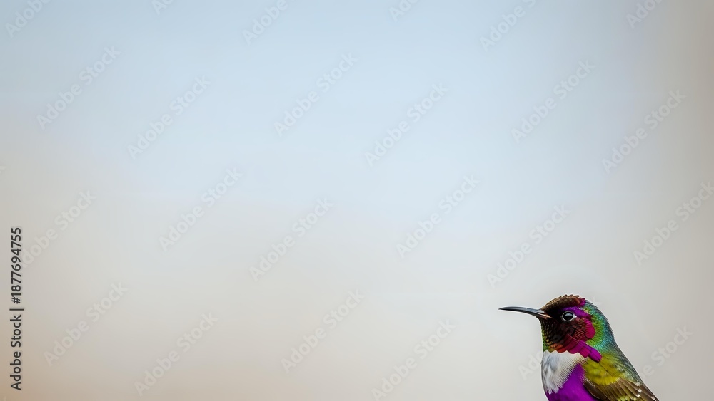 Naklejka premium Tiny hummingbird with iridescent purple head and green body perched against soft blurred background with copy space for text and design elements.