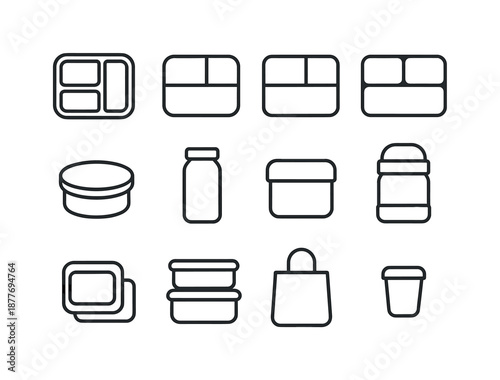 Meal Container Icons. Meal containers. Line icon set of Meal containers: bento box, single compartment box, double compartment box, triple compartment box,