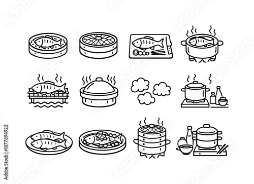 Asian Fish Steaming Icons. Asian Fish Steaming. Line icon set of Asian Fish Steaming: fish in steamer tray, bamboo steamer lid, fish preparation, steaming pot