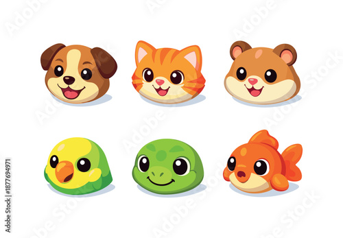 Pet Avatar Grid. Animal pet avatars. Isometric flat vector icons set of Animal pet avatars: smiling puppy avatar, cute kitten avatar, hamster face icon,