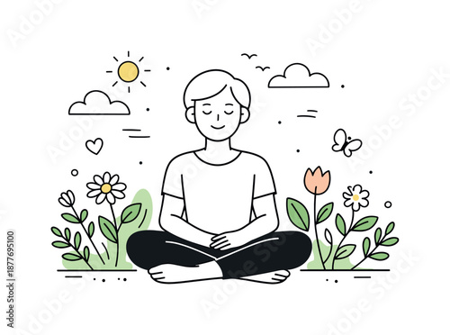 Renewal Amidst Blooms. Mental health spring illustration. A calm person surrounded by blooming flowers and gentle sunlight, expressing renewal and emotional