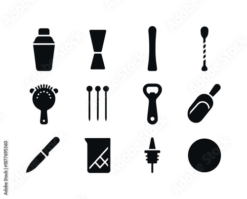 Bar Icon Essentials. Bar essentials. Solid icon set of bar essentials: shaker, jigger, muddler, bar spoon, strainer, cocktail picks, bottle opener, ice scoop,