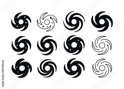 Galactic Core Icons. Galactic core. Icon set. Set Logo of Galactic core: Stellar cluster core: Filled silhouette, Minimal outline, Stylized detail, Iconic