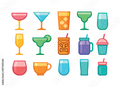 Colorful Party Glassware Icons. Party Glassware. Colorful flat vector icons set of Party Glassware: cocktail coupe, martini glass, highball glass, rocks glass,