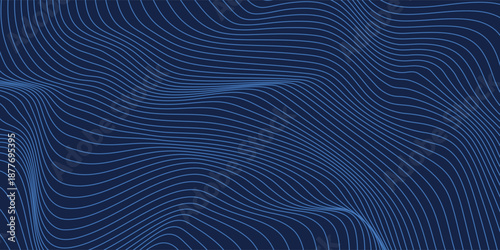 Navy blue abstract background with halftone wavy smooth pattern. Small spot light box. Curve line, cosmic galaxy space. Festive BG for social media, birthday party invitation