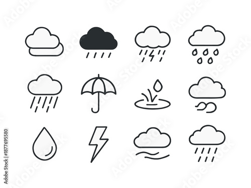 Storm Cloud Icons. Storm clouds and rain. Line icon set of storm clouds and rain: layered cloud, dark cloud, storm cloud, raindrops, heavy rain streaks,