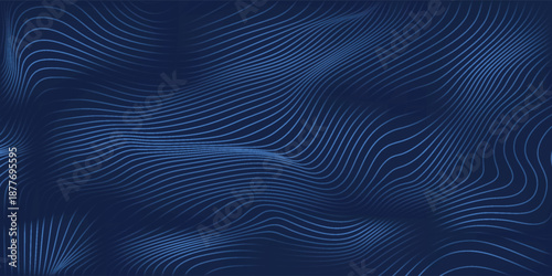 Navy blue abstract background with halftone wavy smooth pattern. Small spot light box. Curve line, cosmic galaxy space. Festive BG for social media, birthday party invitation