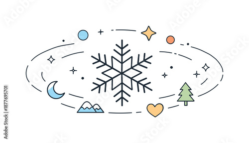 Winter Harmony Illustration. Winter balance concept. A snowflake perfectly centered with small abstract elements orbiting around it. The scene suggests