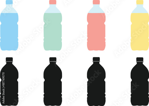 Plastic beverage bottle icons set with colorful liquids and black silhouettes isolated on white background flat vector illustration minimal design