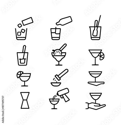 Mixology Icon Set. Mixology steps. Line icon set of Mixology steps: add ice, pour spirits, shake tin, stir glass, strain drink, muddle ingredients, garnish