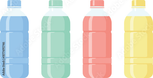 Plastic beverage bottles set with colorful liquids blue green pink yellow isolated on white background realistic flat vector illustration modern design