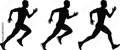 Running man silhouette set showing sprint motion, athletic fitness concept, black figure action poses isolated on white background studio design illustration