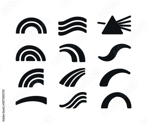 Monochrome Rainbow Elements. Rainbow elements. Solid icon set of Rainbow elements: arc line, wave band, prism icon, light reflection, color arc, curved streak,