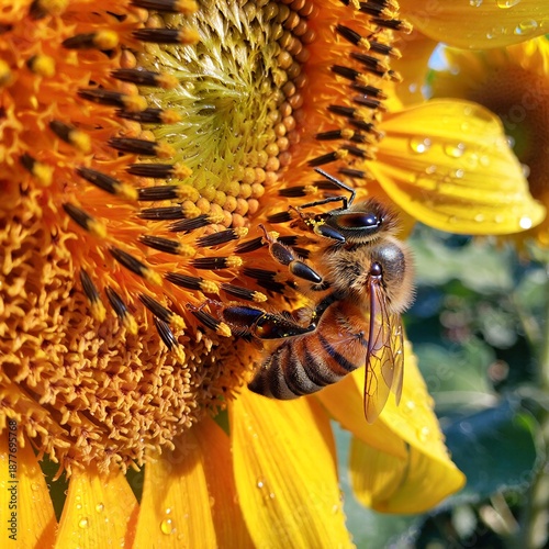 Bees on Sunflower: A bee is delicately perched on the vibrant sunflower, with detailed macro shots capture the intricate beauty of nature's symbiotic dance.