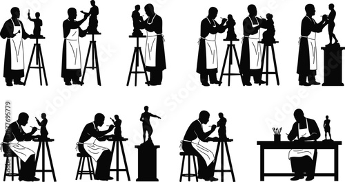 Sculptor silhouettes creating statues on stands isolated on white background representing artistic craftsmanship creativity studio work and professional sculpture process