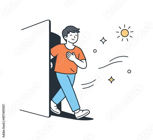 Breaking Stigma Art. Breaking stigma. Person stepping out from behind a simple abstract wall, showing courage and self-acceptance. Light motion lines and open