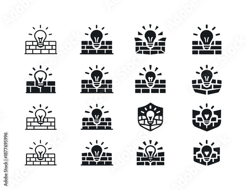Defensive Logo Icons. Defending an idea or belief with determination. Icon set. Set Logo of defending an idea or belief with determination: barrier wall