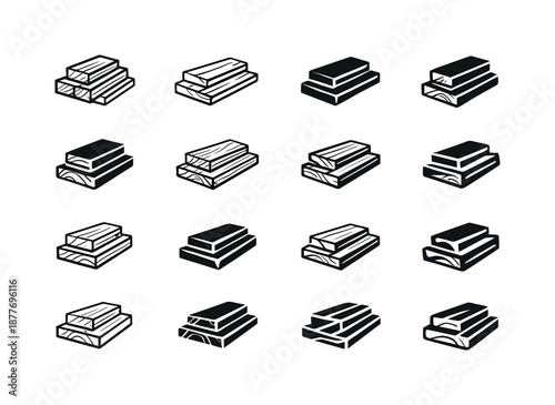 Woodworking Icons Collection. Woodworking and building furniture. Icon set. Set Logo of woodworking and building furniture: stack of timber planks. harmonious