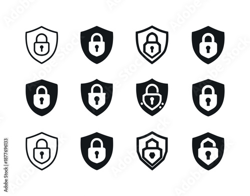 Cybersecurity Icon Variations. Cybersecurity. Icon set. Set Logo of cybersecurity: shield with lock. harmonious logo variations of the same emblematic concept,