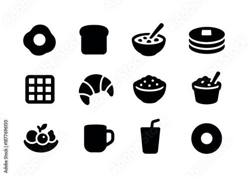Breakfast Icon Set. Breakfast foods. Solid icon set of breakfast foods: fried egg, toast slice, cereal bowl, pancakes, waffle, croissant, oatmeal bowl, yogurt