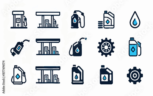 Fuel and energy icon set featuring gas station pumps, engine oil canisters, fuel nozzlesPrint