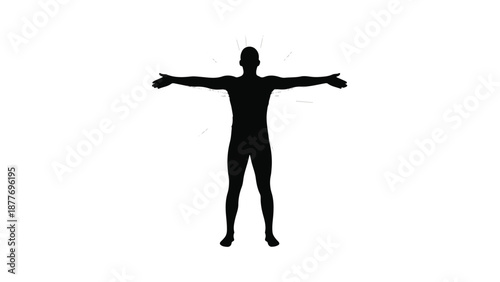 Silhouette of a person with arms outstretched, embracing openness and freedom against a white background.