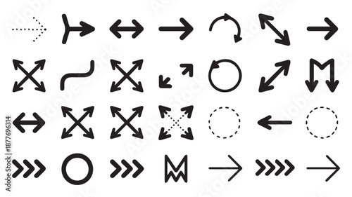 A versatile collection of black arrow icons and symbols, showcasing diverse styles for navigation, direction, expansion, and user interface design