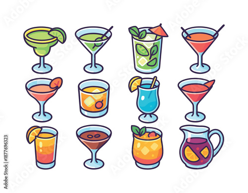 Cocktail Icons Grid. Cocktails. Colorful isometric vector icons set of cocktails: margarita glass, martini glass, mojito, pina colada, daiquiri, whiskey sour,