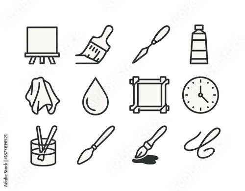 Oil Painting Icons. Classic paintings and old-world art styles. Line icon set of oil painting process: canvas icon, primer brush, palette knife, tube of paint,