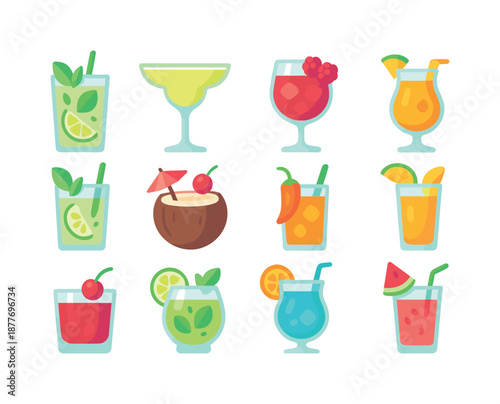 Cocktail Icon Collection. Cocktail Specials. Colorful flat vector icons set of Cocktail Specials: tropical mojito, citrus margarita, berry spritz, pineapple