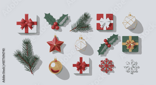 Christmas decorations with gifts and ornaments.