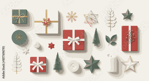 Christmas Gift Boxes and Decorations Flat Lay.
