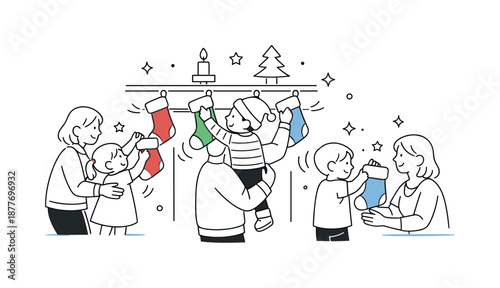 Children Hanging Stockings. People hanging stockings children excitement. Kids reaching up to hang their own stockings with help. Gentle excitement and playful