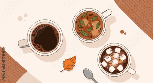 Three Mugs of Coffee and Hot Chocolate 1.