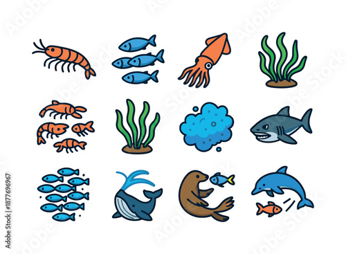 Marine Food Chain Icons. marine food chain. Colorful isometric vector icons set of marine food chain: krill, schooling fish, squid, small crustaceans, kelp,